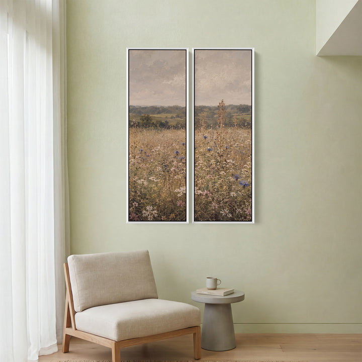 Verticale wanddecoratieset van 2 met korenbloemenweide, eetkamer, bewolkte lucht