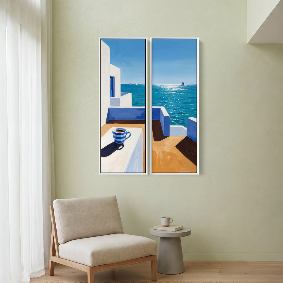 Wall Art Set Of 2 Coffee Cup On A Whitewashed Terrace Kitchen Sea View