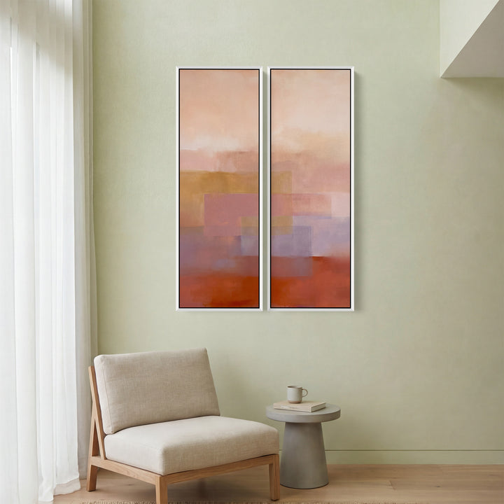 Wanddecoratie met 2 afbeeldingen, roze en oranje kleurvlakken, slaapkamer, zonsondergang in zachte nevel