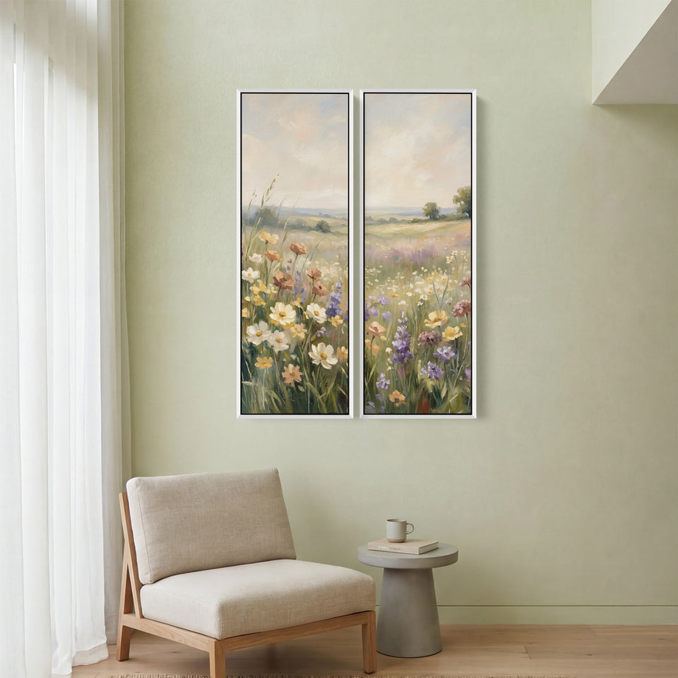 2-teiliges Wandbild „Cremefarbene Kosmeenwiese“, Schlafzimmer, grünes Feld und entfernte Bäume