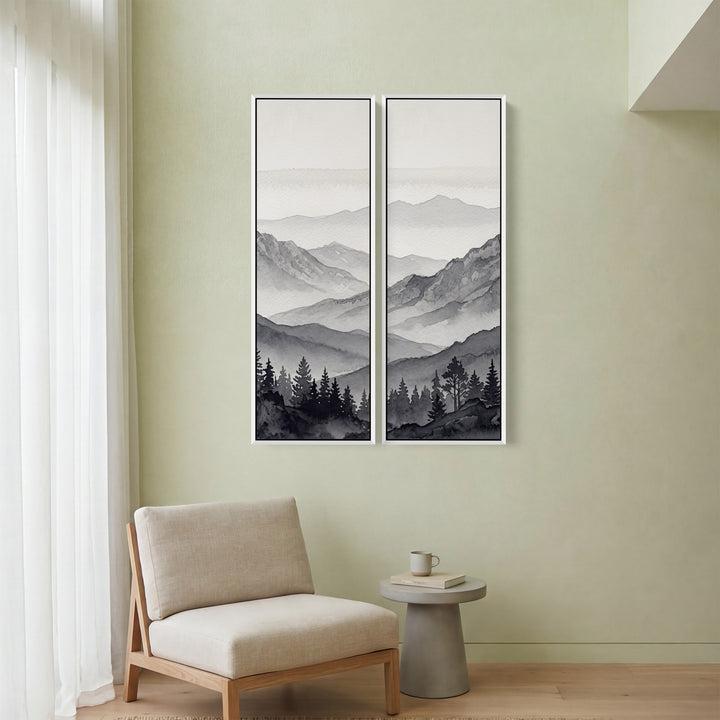 Wanddecoratieset van 2 grijze bergruggen en dennentoppen, woonkamer, monochroom