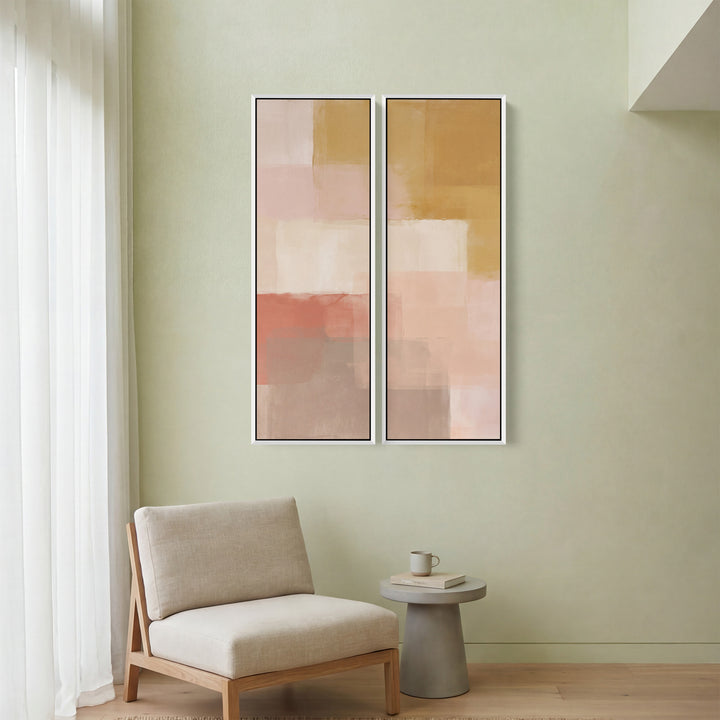 Wanddecoratieset van 2 roze en gele kleurvlakken voor een slaapkamer, krijtachtige uitstraling