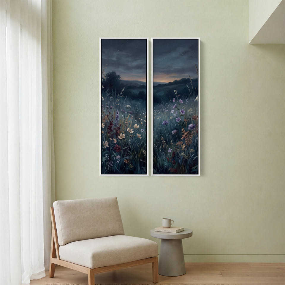 Tableau mural en 2 pièces, fleurs sauvages au crépuscule, salon, champ bleu foncé au crépuscule