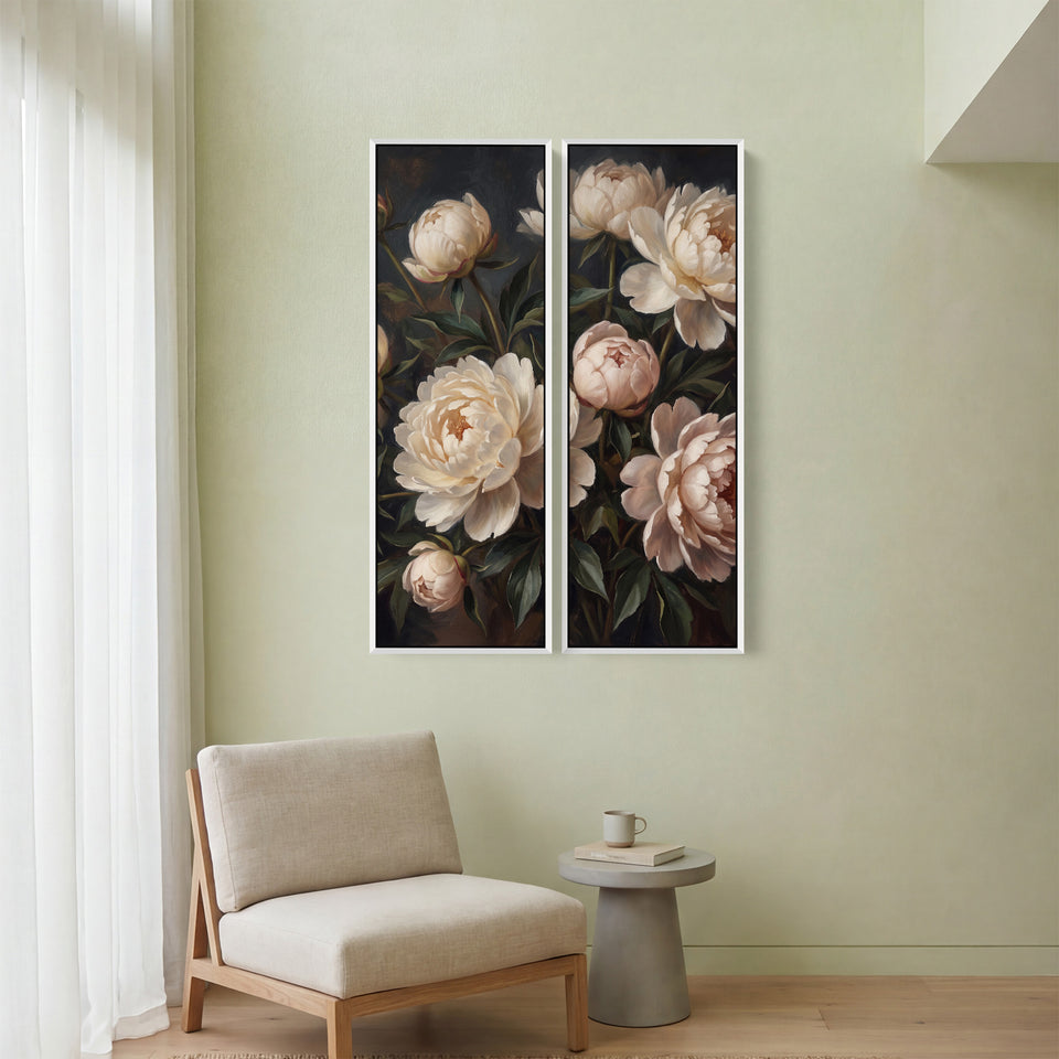 Verticale wanddecoratieset van 2 witte pioenrozen, woonkamer, diep beschaduwde ondergrond