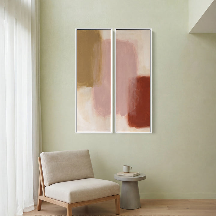 2-teiliges Wandbild mit roten, rosafarbenen und olivgrünen Streifen, Flurmotiv, abstrakte Farbstudie