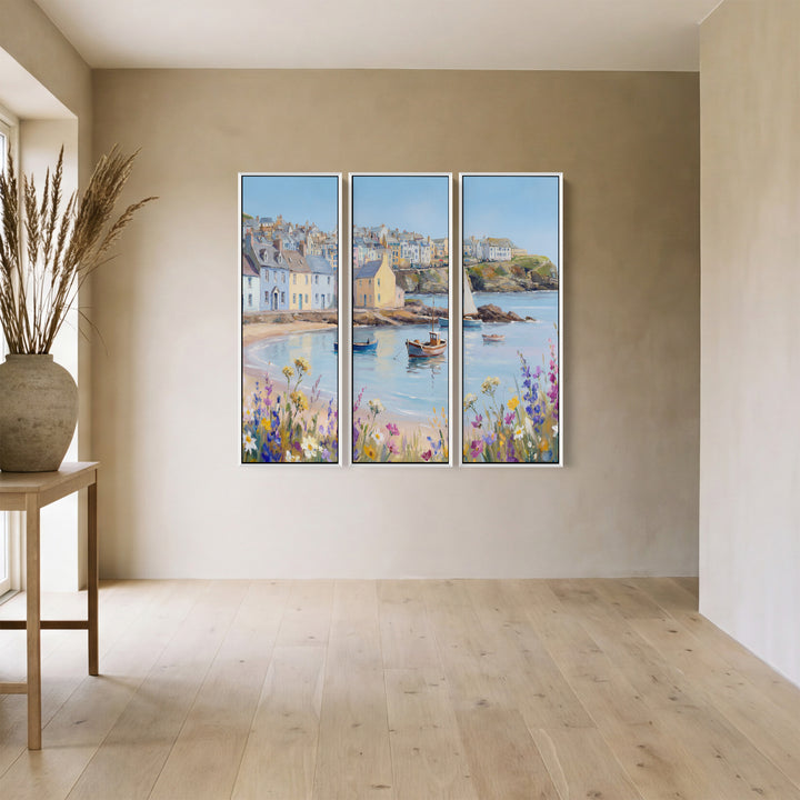 Coastal Harbour Village Triptych Wall Art for Living Room With Pastel Boats