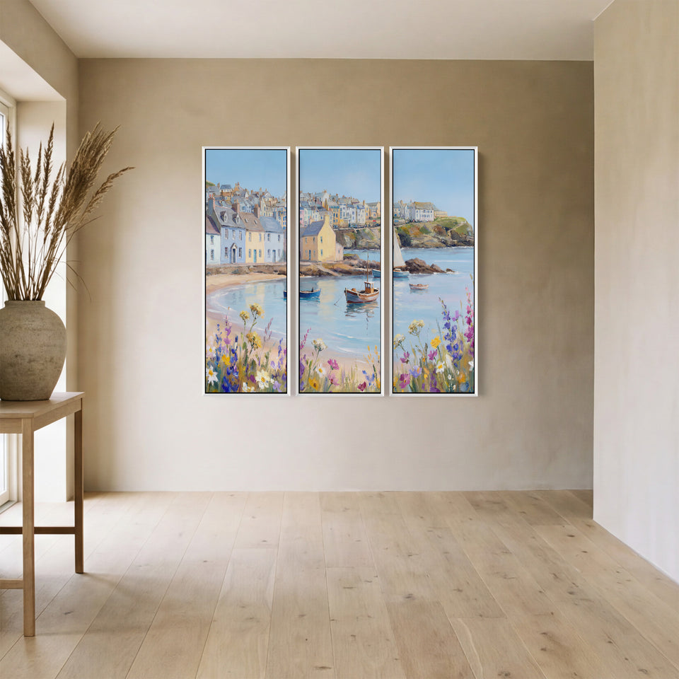 Coastal Harbour Village Triptych Wall Art for Living Room With Pastel Boats