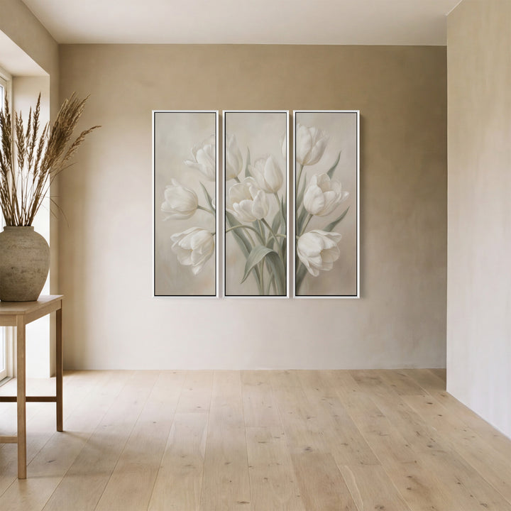 White Tulip Oversized Triptych Wall Art for Bedroom in Soft Neutral Tones