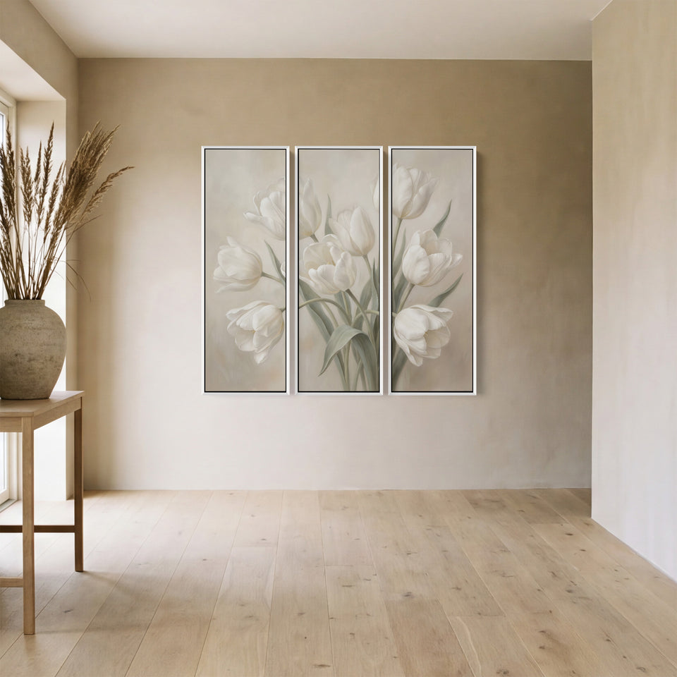 White Tulip Oversized Triptych Wall Art for Bedroom in Soft Neutral Tones