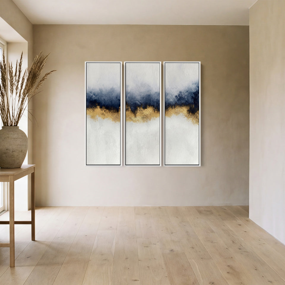 Blue And Gold Set of 3 Wall Art for Office With Abstract Horizontal Detail