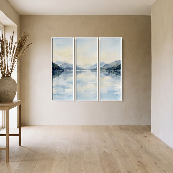 Misty Mountain Lake 3 Piece Wall Art Set for Hallway in Soft Blue Watercolor