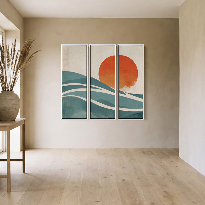 Abstract Sun Three Panel Wall Art for Dining Room With Orange And Blue Curves