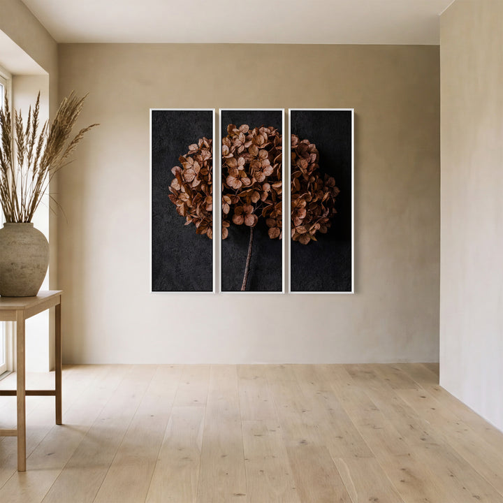 Dried Hydrangea Vertical Triptych Wall Art for Bedroom With Moody Floral Tones