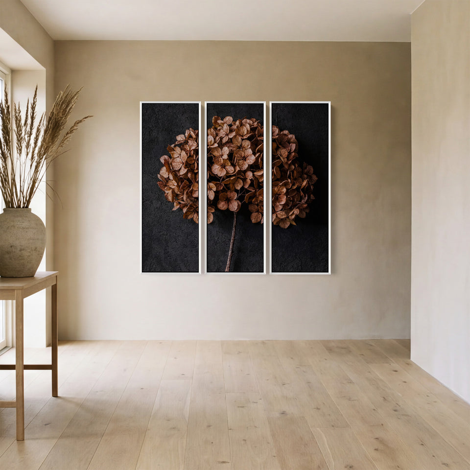 Dried Hydrangea Vertical Triptych Wall Art for Bedroom With Moody Floral Tones
