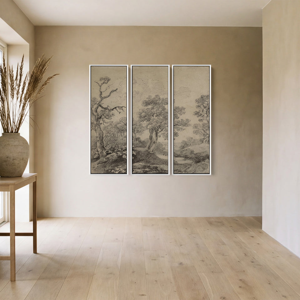 Vintage Countryside Large Triptych Wall Art for Office With Monochrome Trees