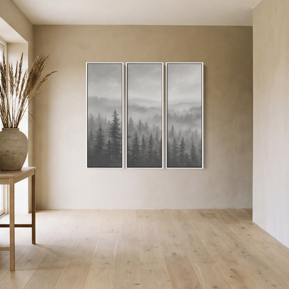 Triptych Wall Art Misty Pine Forest Landscape For Hallway Decor