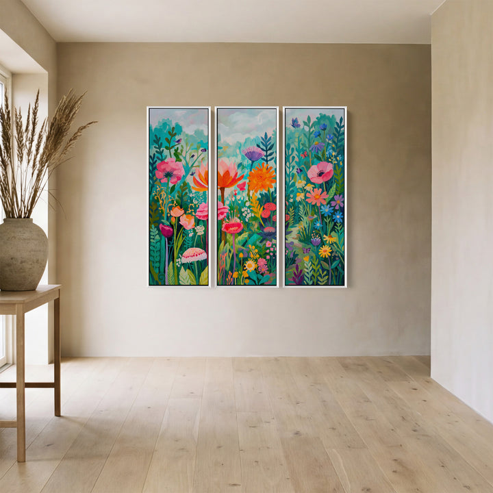 Colourful Floral Garden Oversized Triptych Wall Art For Living Room