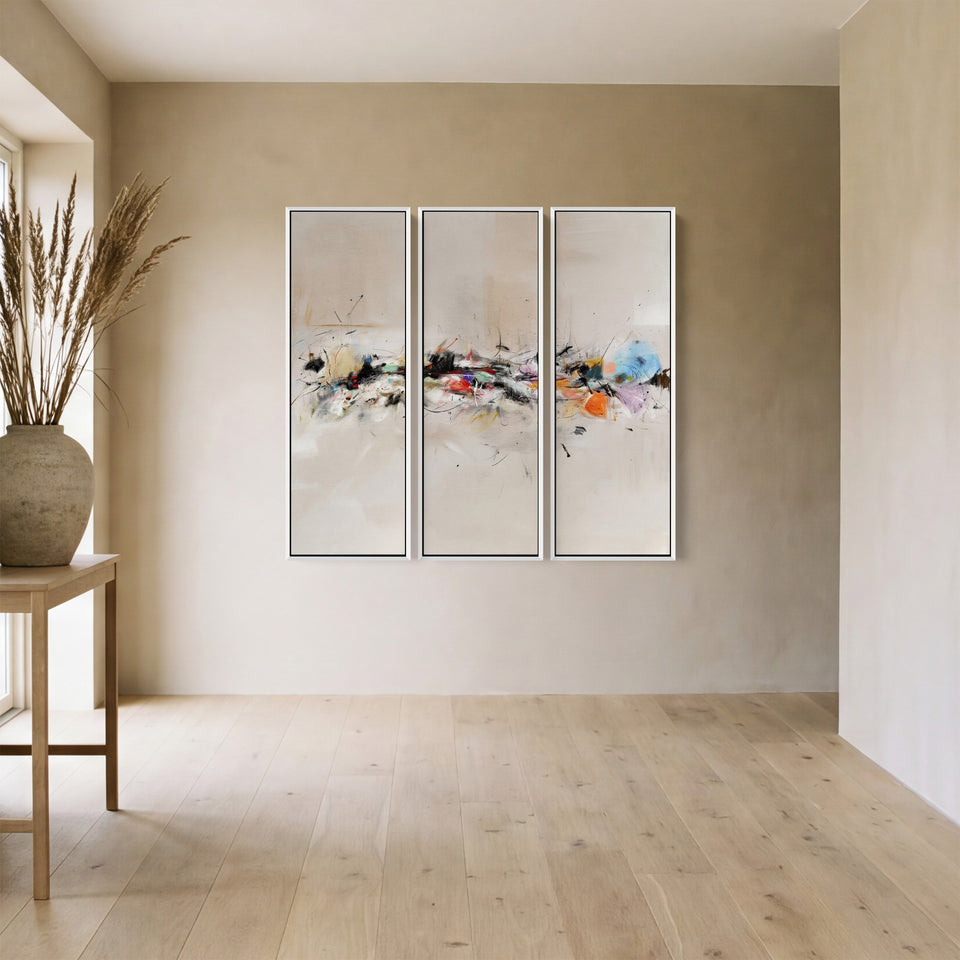 Three Panel Wall Art Abstract Brush Stroke Composition For Dining Room