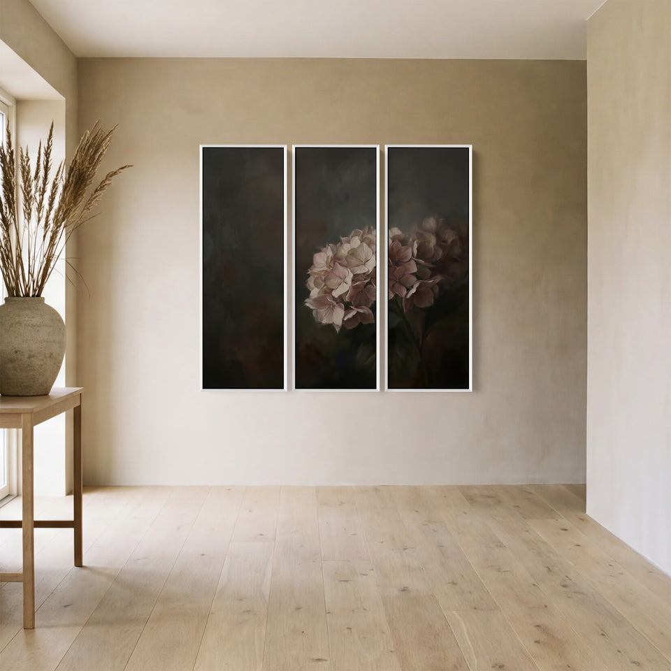 Moody Hydrangea Floral 3 Piece Wall Art Set For Dining Room