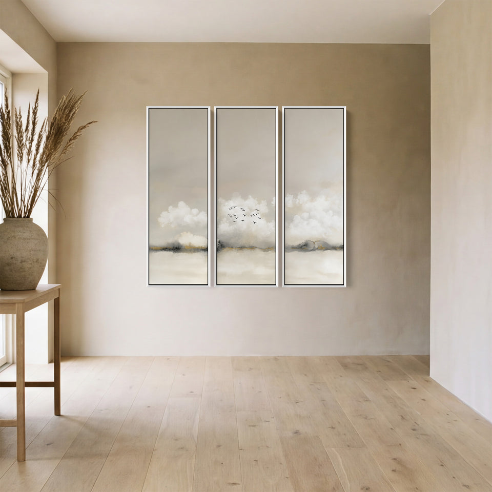 Misty Horizon Oversized Triptych Wall Art With Birds for Bedroom