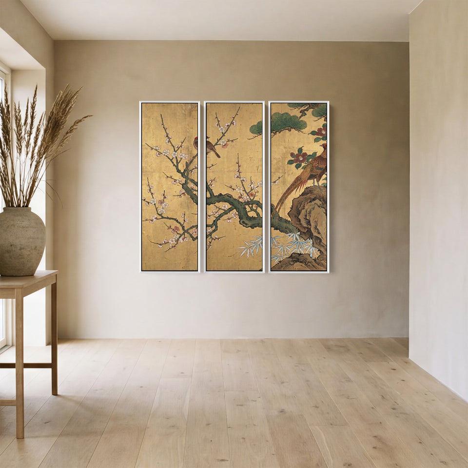 Japanese Oversized Canvas Wall Art Set Birds and Blossom for Dining Room
