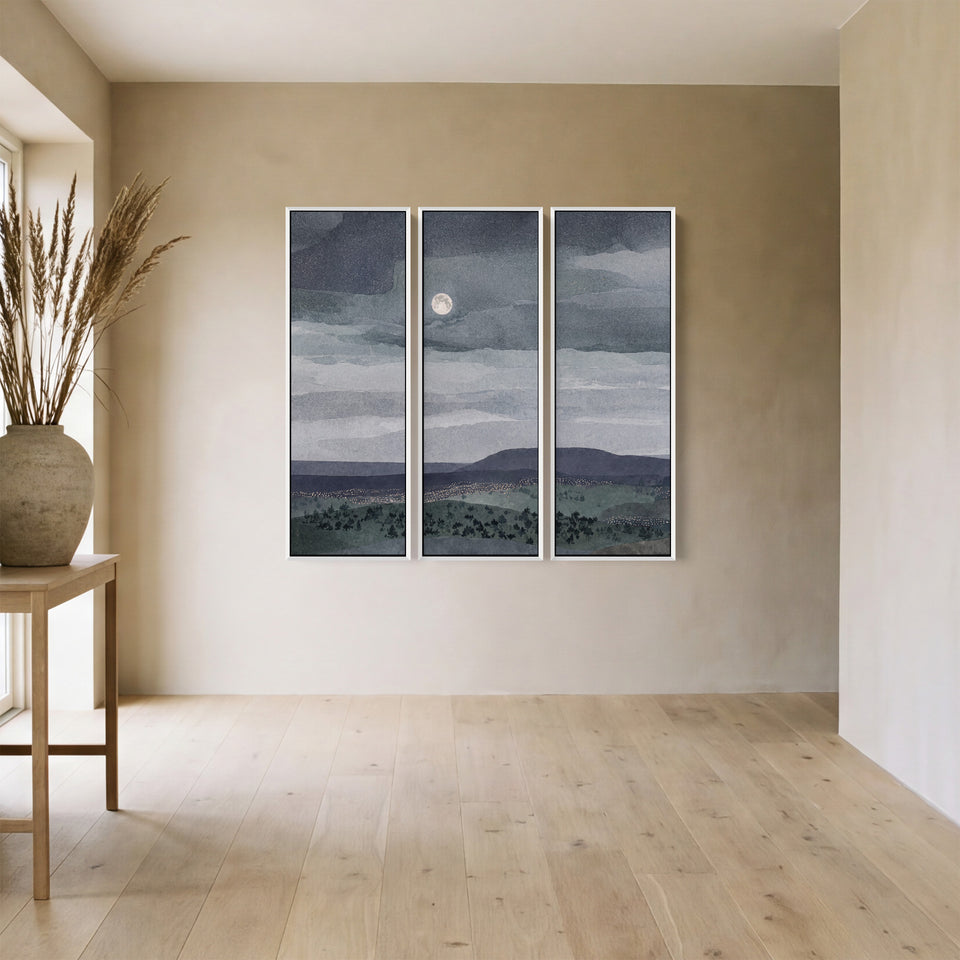 Oversized Triptych Wall Art Moonlit Landscape for Living Room