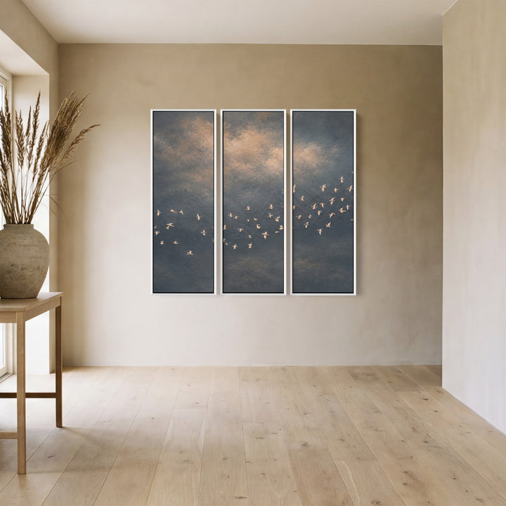3 Piece Wall Art Set White Birds in Sky for Office