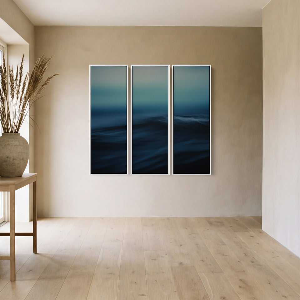 Triptych Wall Art With Blurred Ocean Wave For Bedroom Calm Blue Black Sea