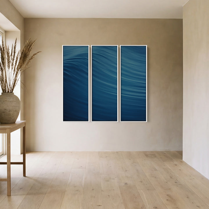 Flowing Blue Abstract Wave Oversized Triptych Wall Art For Hallway