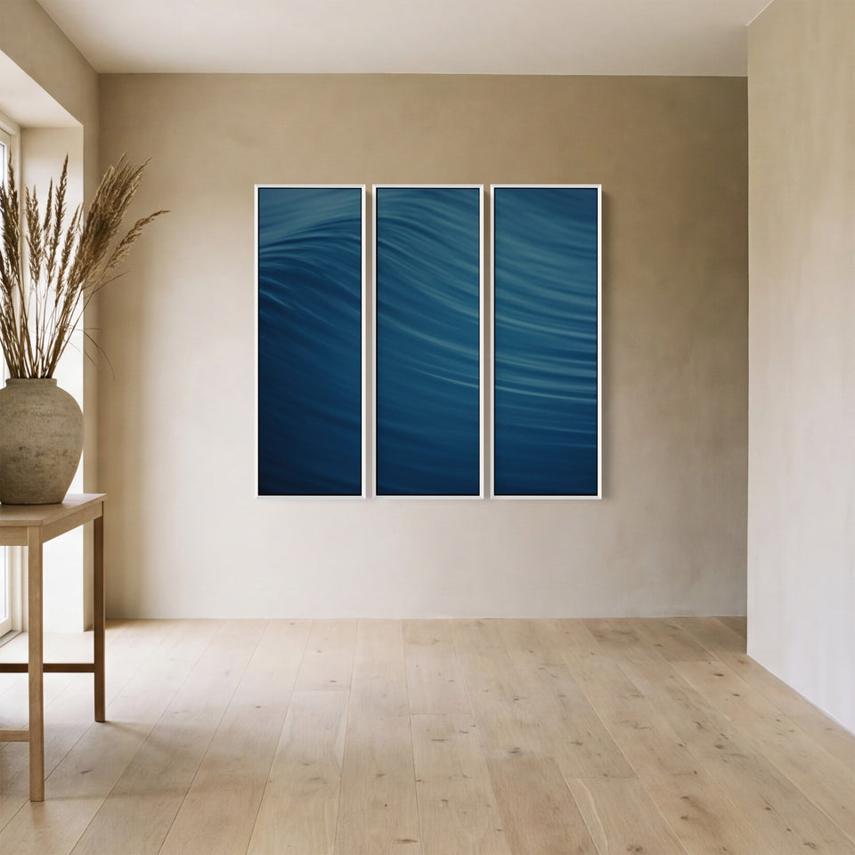 Flowing Blue Abstract Wave Oversized Triptych Wall Art For Hallway