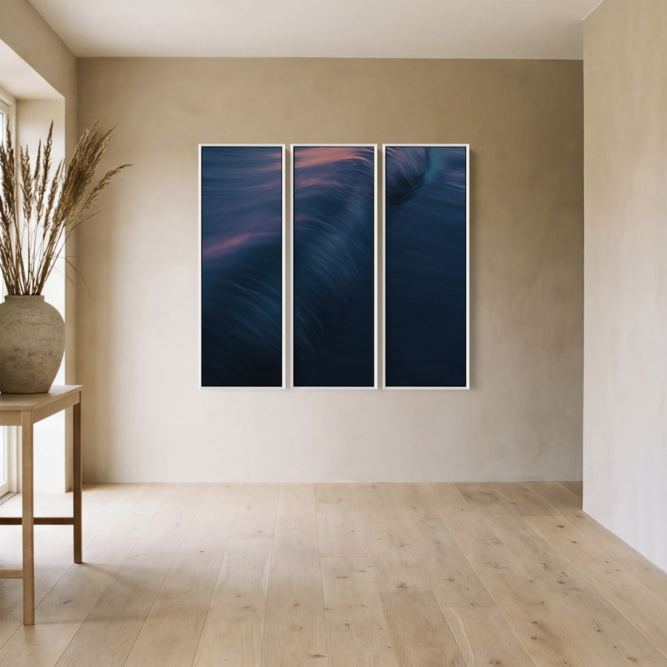 Set Of 3 Wall Art With Rolling Ocean Wave For Living Room In Blue Pink