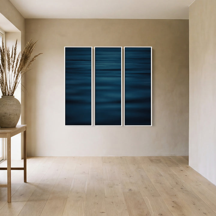 Three Panel Wall Art With Blurred Calm Sea For Office In Deep Blue
