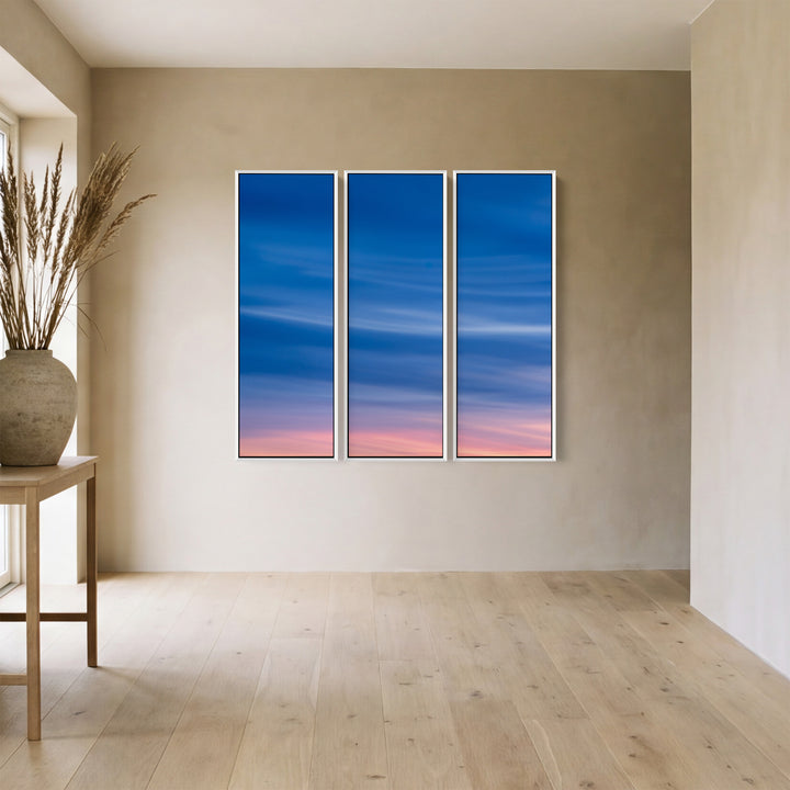 Soft Blue Pink Sky Vertical Triptych Wall Art For Bedroom