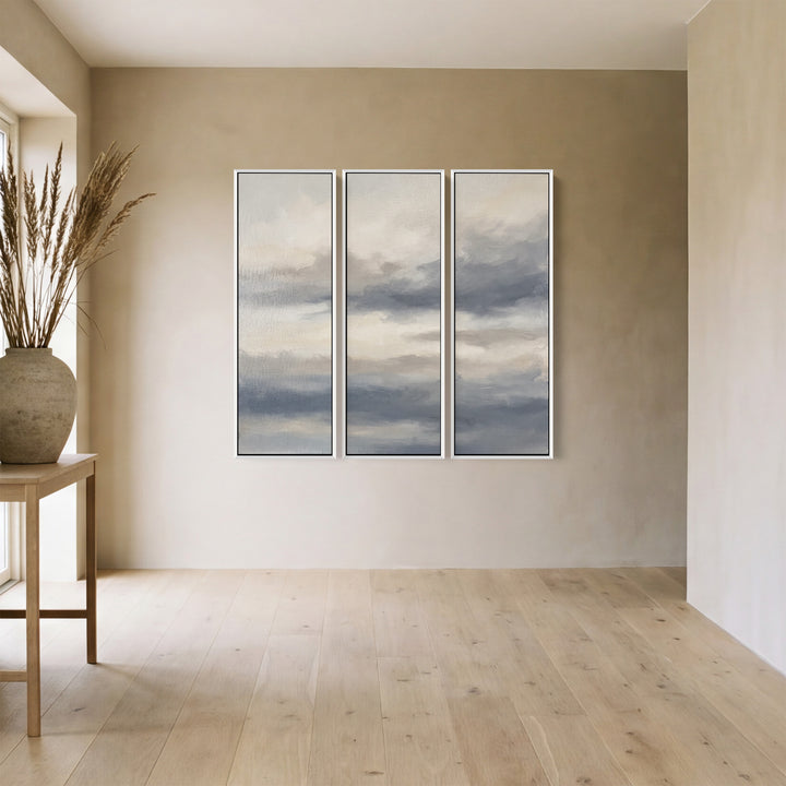 Grey Sky Oversized Triptych Wall Art For Bedroom With Soft Clouds