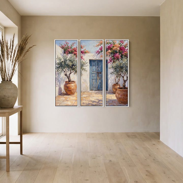 Set Of 3 Wall Art With Blue Doors And Olive Trees For Hallway