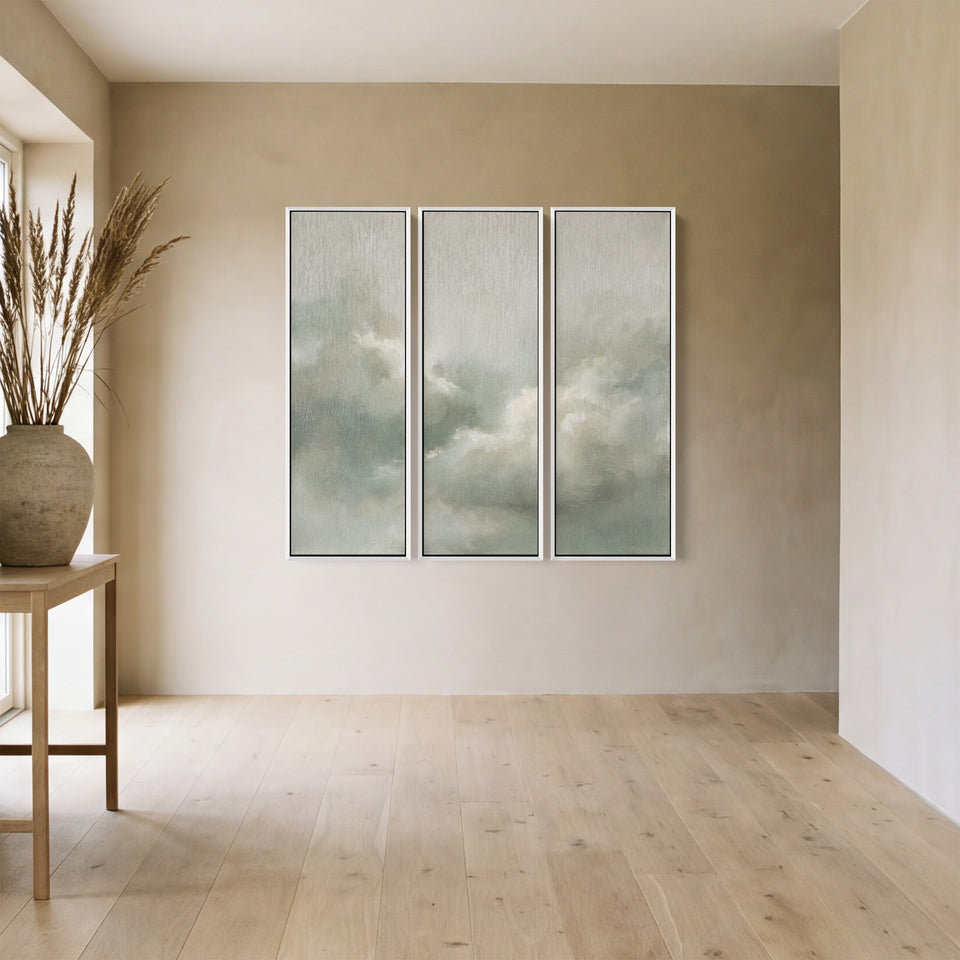 Soft Green Cloud Three Panel Wall Art For Office Calm