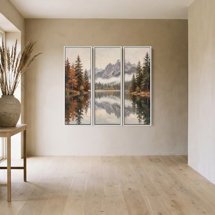 Set Of 3 Wall Art Autumn Lake Reflecting Grey Peaks For A Living Room