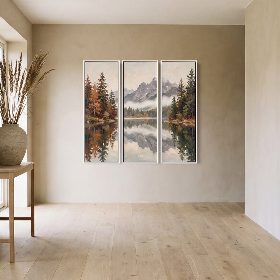 Set Of 3 Wall Art Autumn Lake Reflecting Grey Peaks For A Living Room