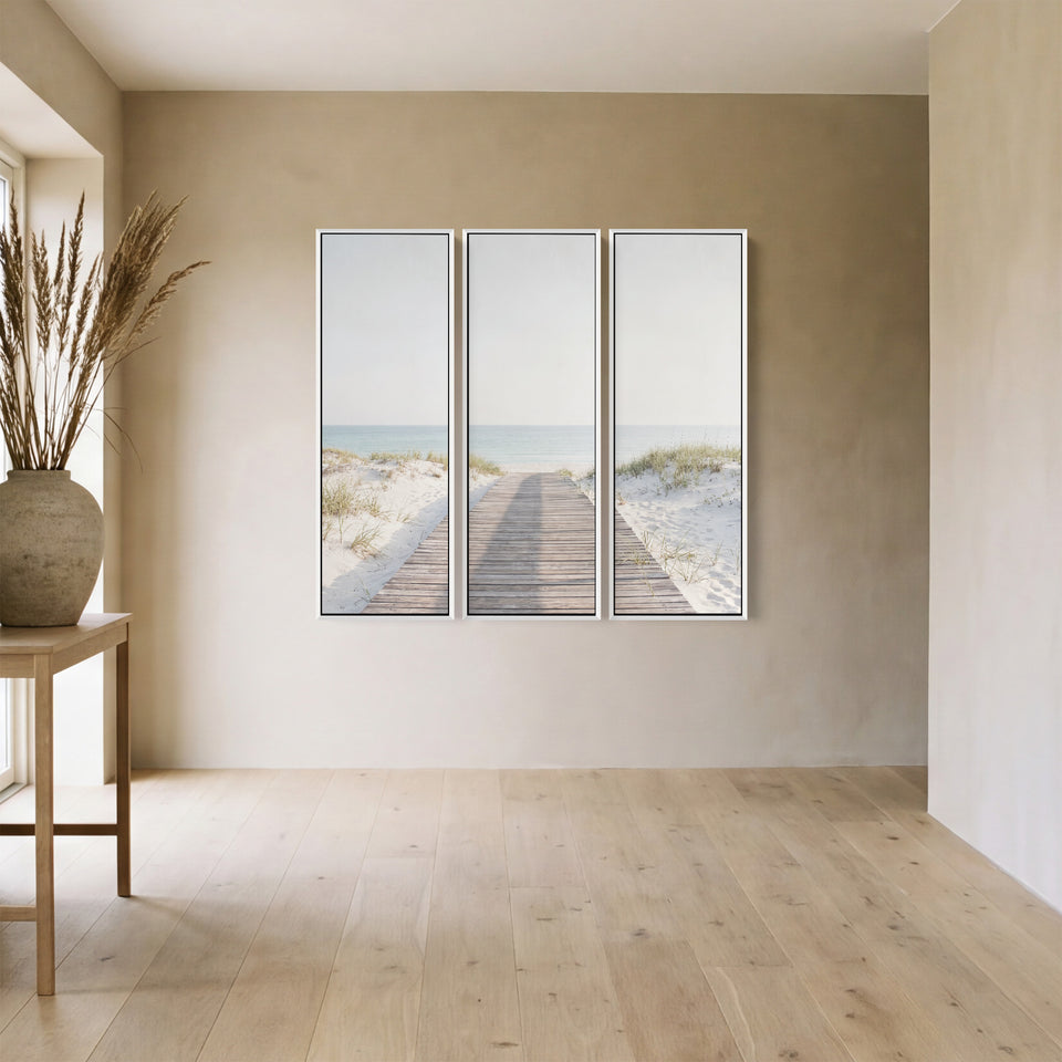 3-teiliges vertikales Wandbild für den Flur mit einem Steg, der zum Meer führt