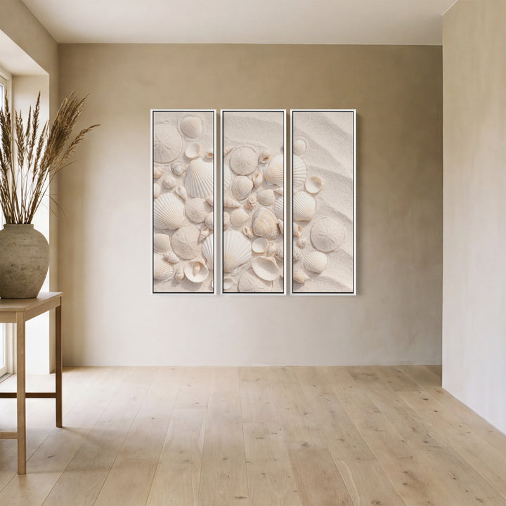 Bedroom Vertical Triptych Wall Art With Scallop Shells And Sand Dollars