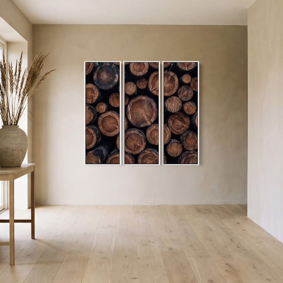 Stacked Log Ends Triptych Wall Art In Brown And Black For A Living Room