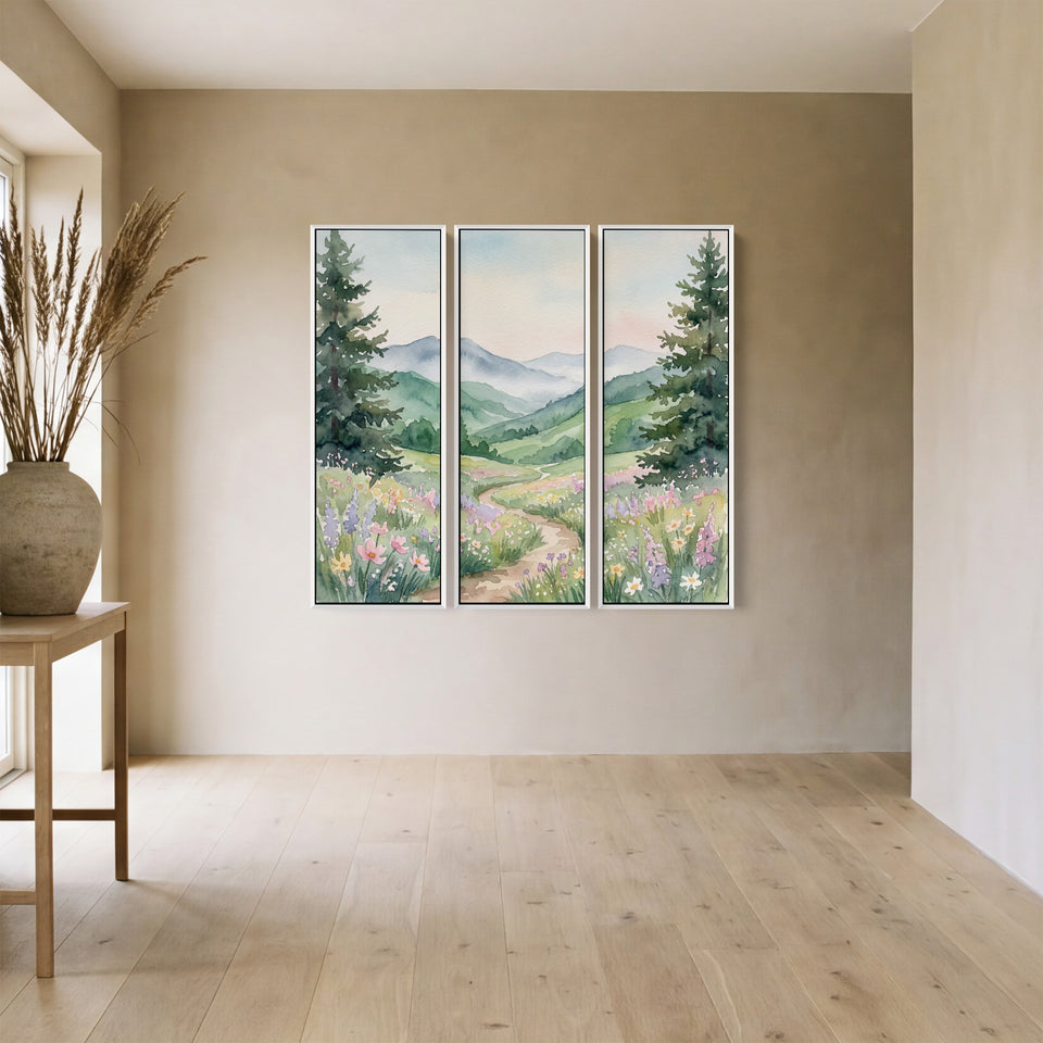 Wanddecoratieset van 3 voor de hal met een pad dat kronkelt door een bloemenvallei