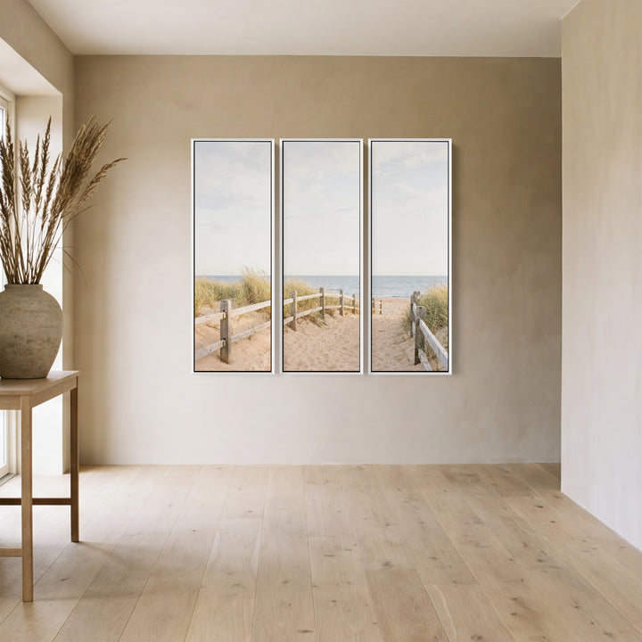 Set Of 3 Wall Art With A Fence Line Leading Down To The Sea For A Hallway