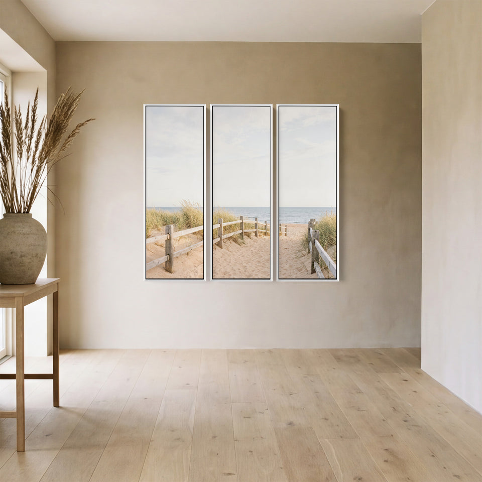 Set Of 3 Wall Art With A Fence Line Leading Down To The Sea For A Hallway