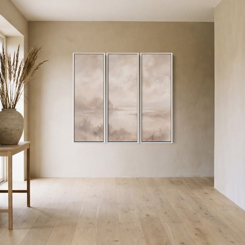 Slaapkamerwandkunstset van 3 met een bleke riviermonding en één lage landtong in beige