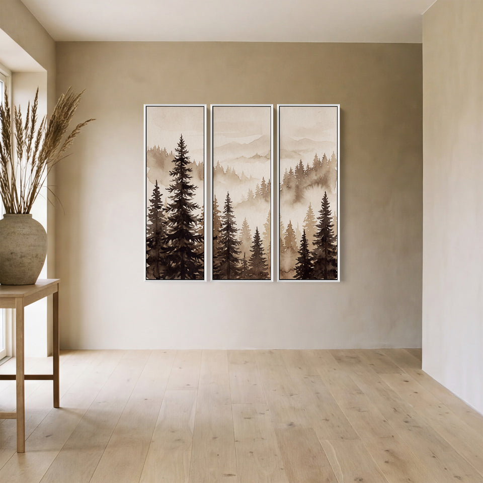 Sepia Spruce Trees Above A Fog Bank Wall Art Set Of 3 For A Hallway