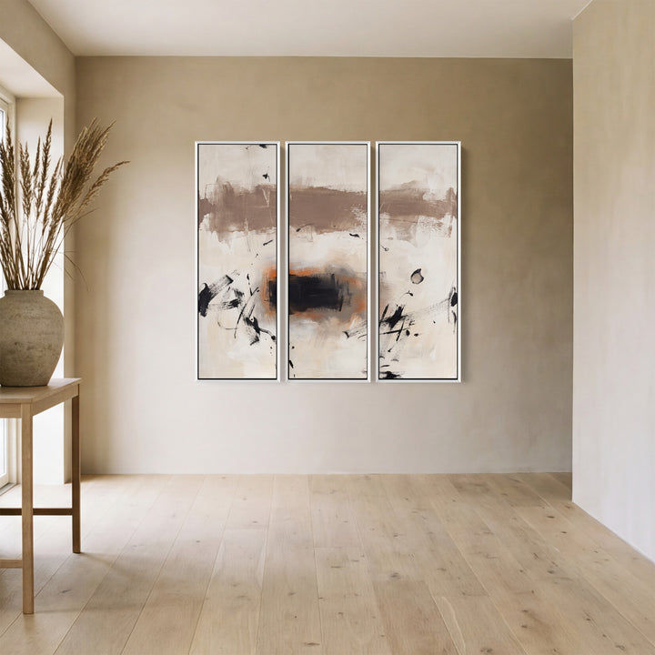 3 Piece Wall Art With A Black Block Ringed In Orange For A Dining Room