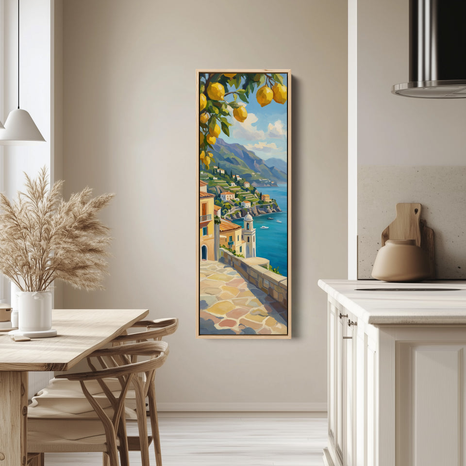Tall Narrow Canvas Coastal Village With Lemons For Kitchen