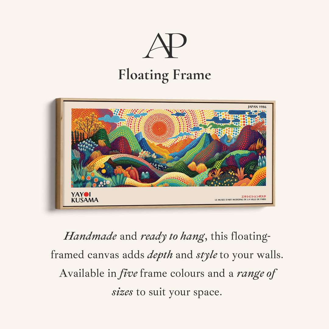 Yayoi Kusama Wide Canvas Dotted Mountain Landscape With Sun Panoramic Canvas Print For Living Room