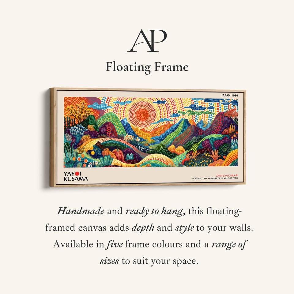 Yayoi Kusama Wide Canvas Dotted Mountain Landscape With Sun Panoramic Canvas Print For Living Room